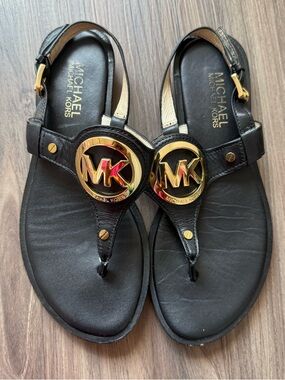 Michael Kors Black Leather Gold MK Logo Thong Sandals